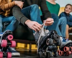 Family putting on skates