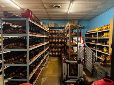 Shelves of roller skates for rent